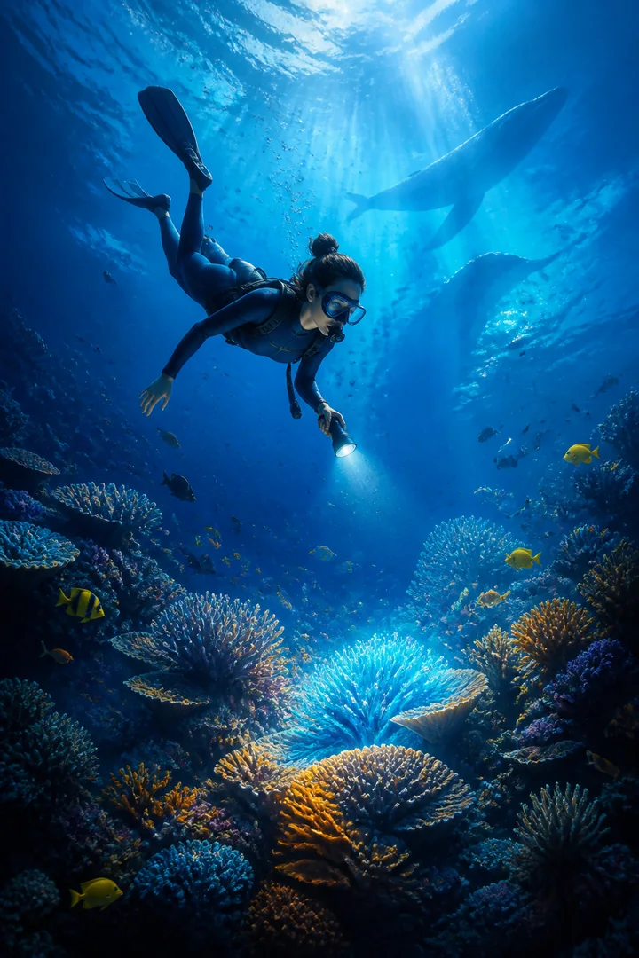 虚构纪录片蔚蓝珊瑚海报：海洋生物学家潜入发光珊瑚礁